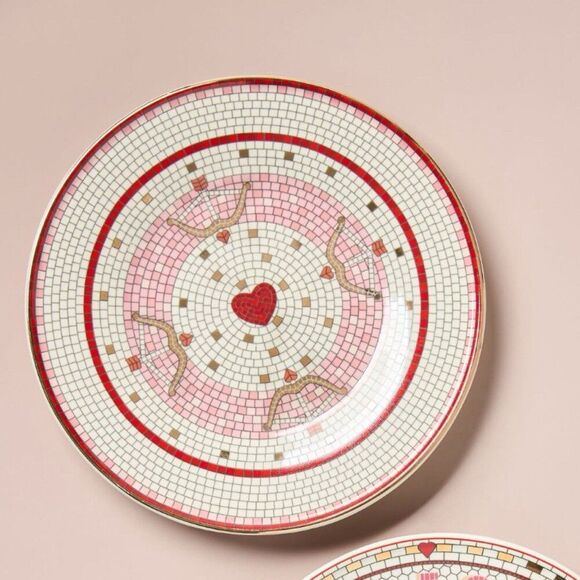 Anthropologie Bistro Tile Valentine’s Dessert Plate 8" Bow & Arrow Stoneware NEW - Picture 3 of 10